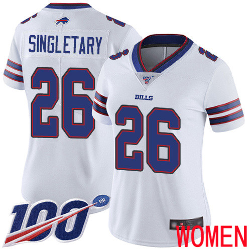 Women Buffalo Bills #26 Devin Singletary White Vapor Untouchable Limited Player 100th Season NFL Jersey